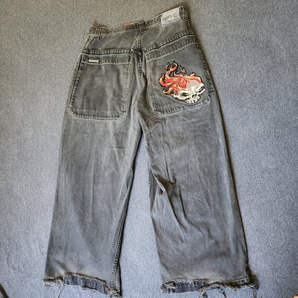 JNCO Jeans Flame Skull Black Wide Leg Baggy Denim 34x30 (Fits 33x27) Vintage Y2K